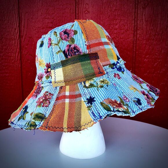 Upcycled Patchwork Hat One of One - Blue and Orange Floral Design main image 5
